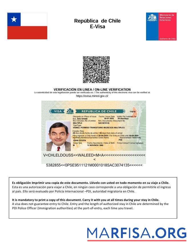 Realistic Chile e visa template in Word and Pdf formats